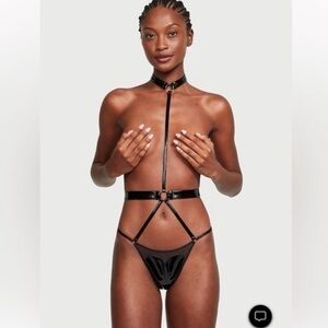 Victorias secret Black patent leather bondage play suit open cup Lingerie NWT